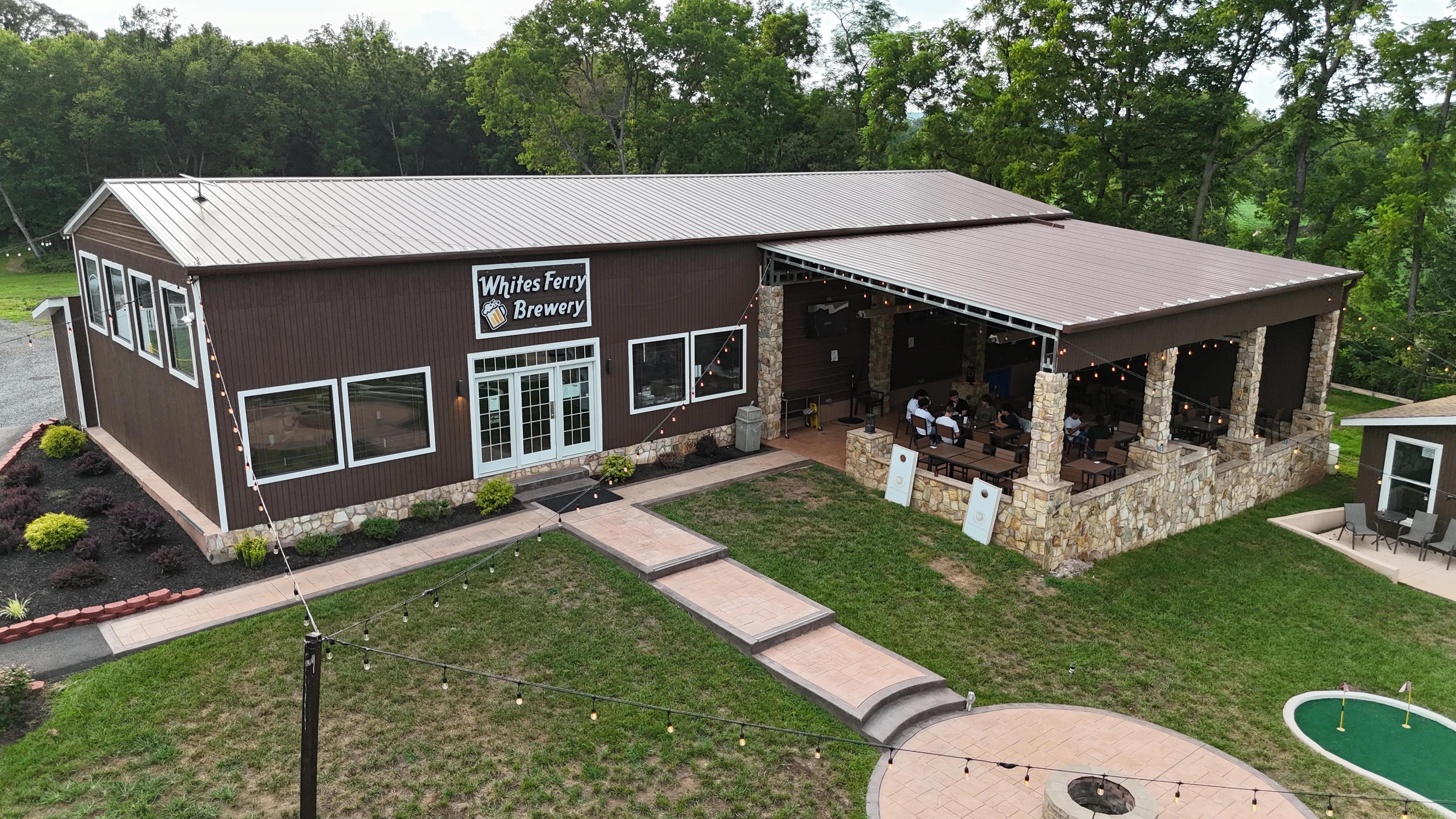 Aerial view of the Whites Ferry grounds set up for an event