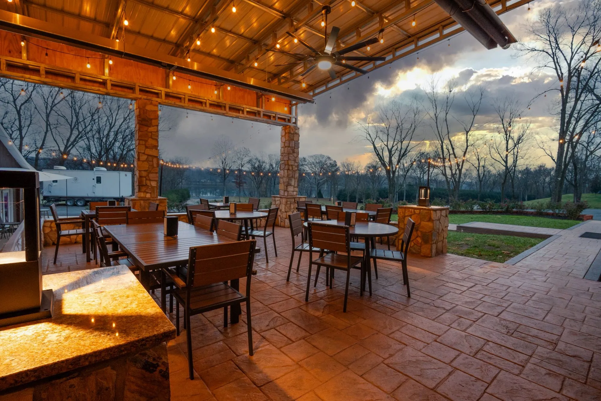 String lights over the Whites Ferry patio at dusk