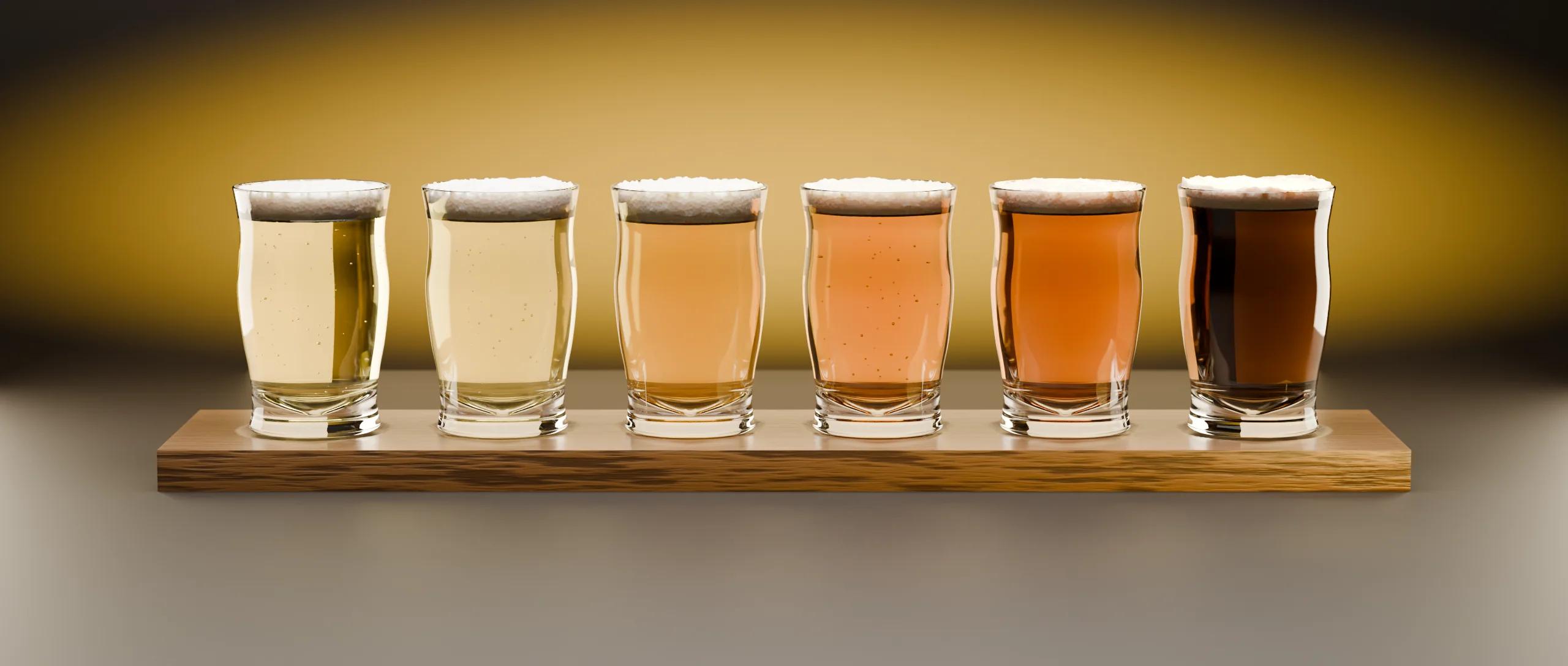 A wooden paddle of six house beers poured pale to dark, foam settled on each